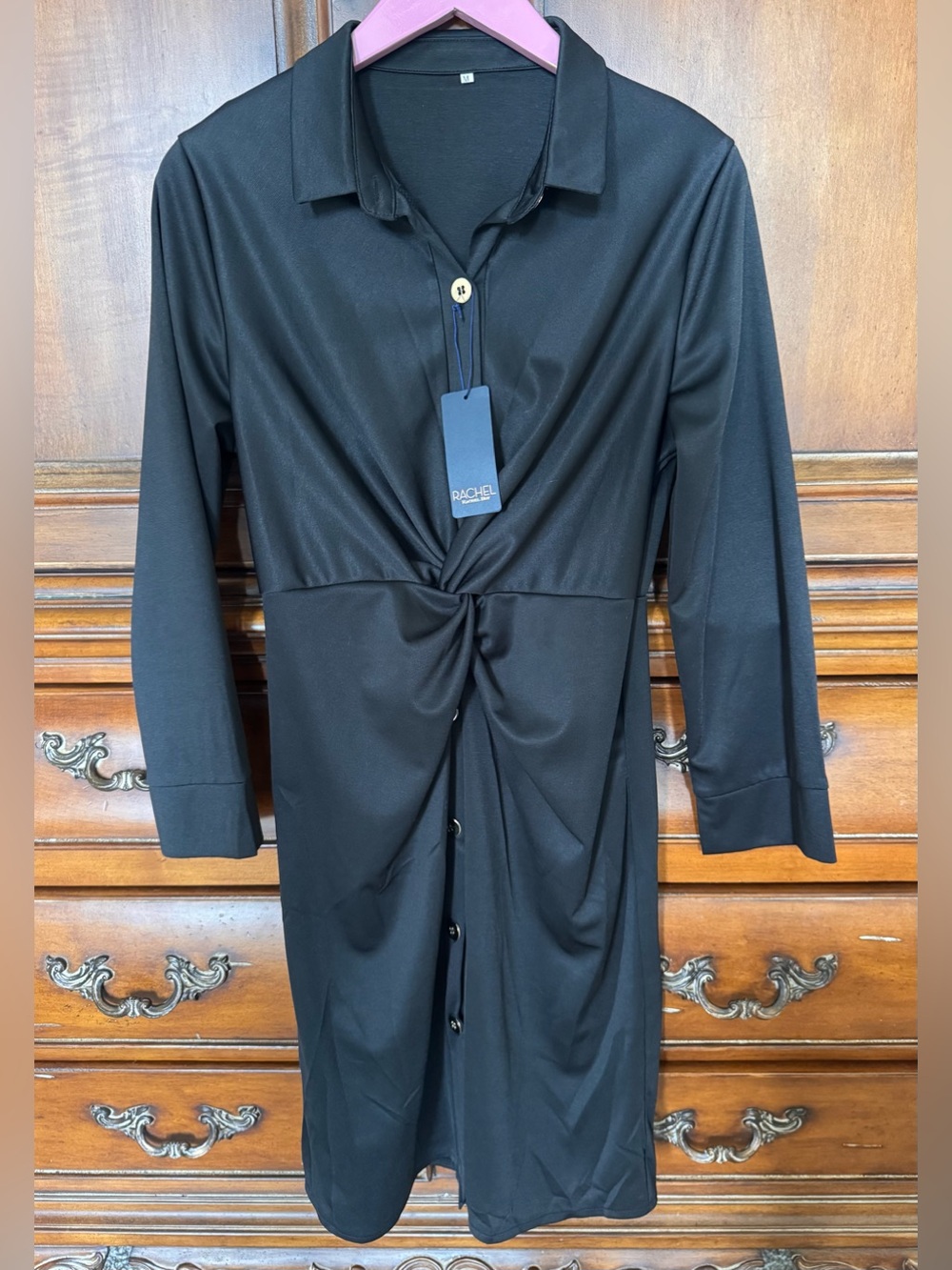 Rachel Toy Black Twist-Front Gold Button Shirt Dress